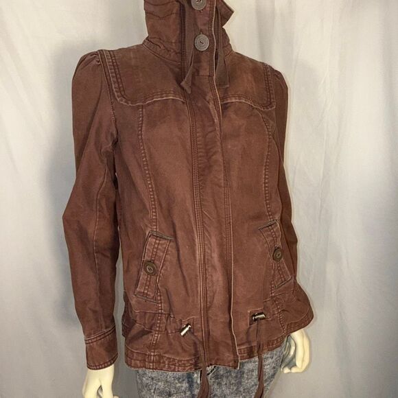 Y2K Mossimo Supply Co Brown Utility Jacket Women’s M | 2000s High Neck Zip Cargo - Picture 1 of 14